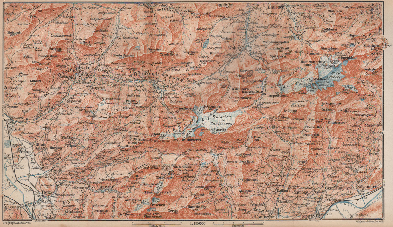 AIGLE DISTRICT.Les Diablerets Villars Gryon Leysin Les Mosses Ormont 1893 map
